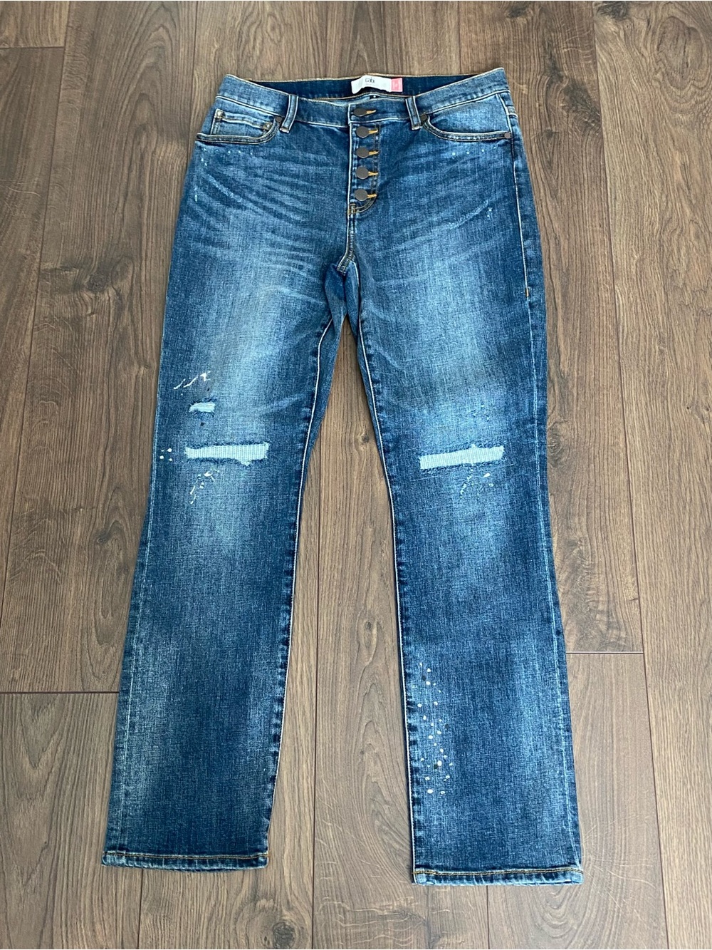 CAbi Button-Fly Straight-Leg Jeans in Medium Blue Wash
